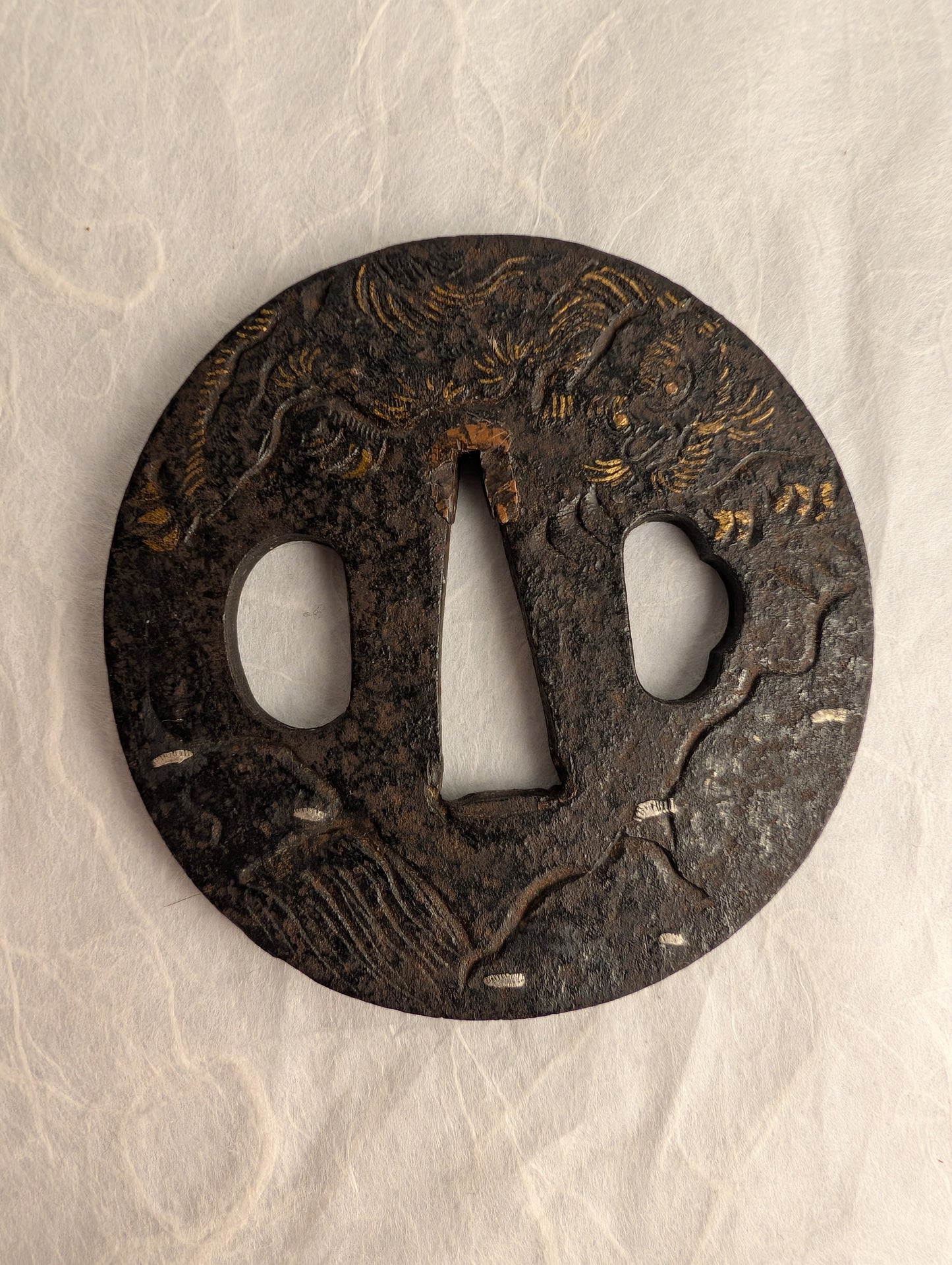 Iron Tsuba with Flying Dragon in Gold and Silver Nunome Zogan – TS-051