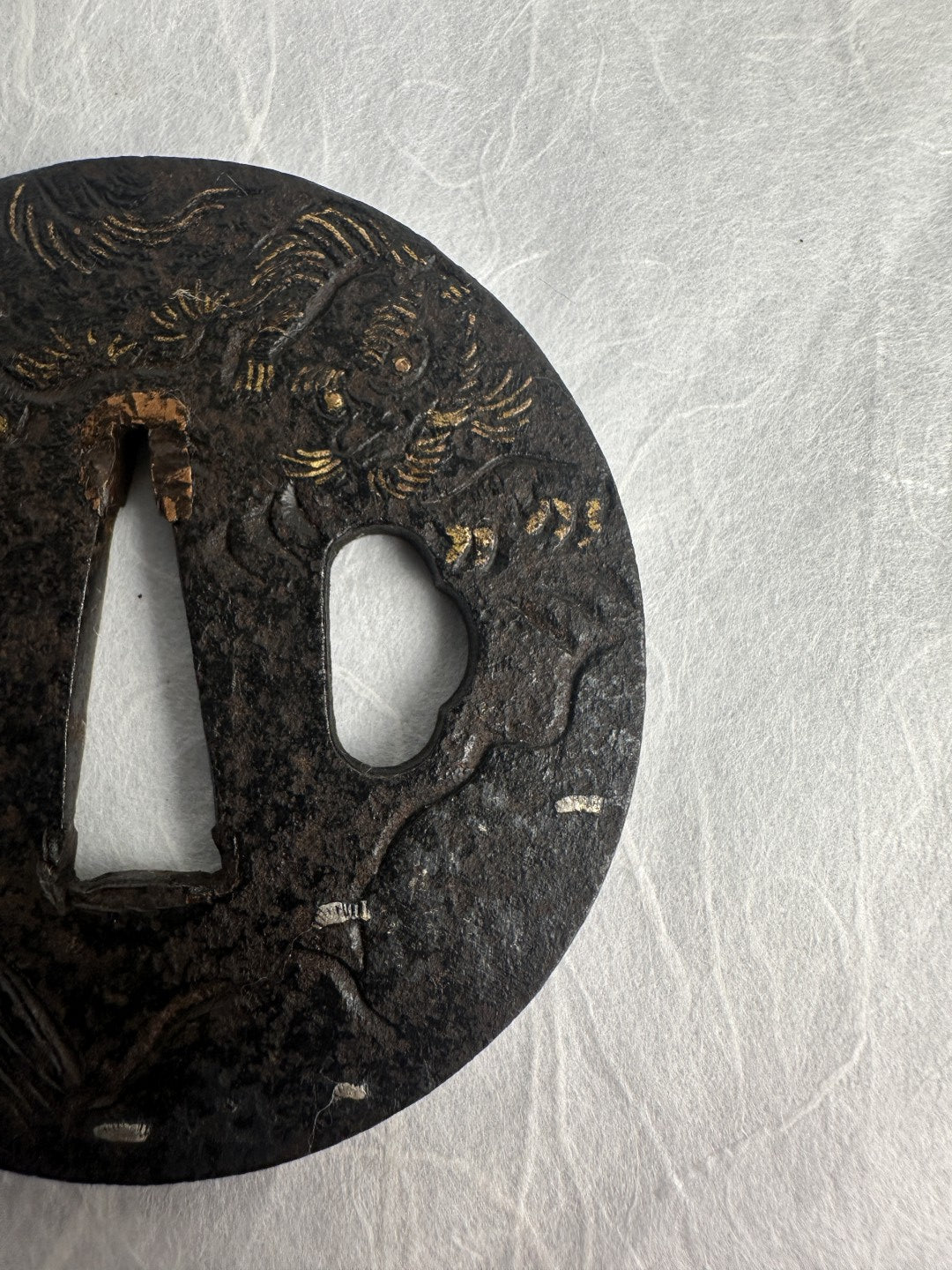 Iron Tsuba with Flying Dragon in Gold and Silver Nunome Zogan – TS-051