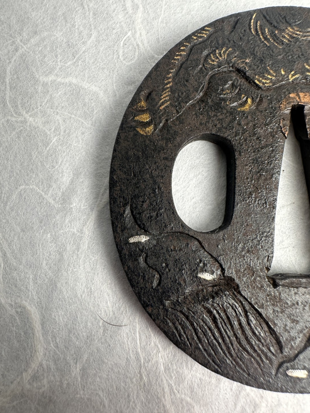 Iron Tsuba with Flying Dragon in Gold and Silver Nunome Zogan – TS-051