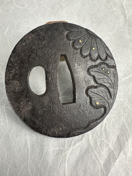 Iron Tsuba with Chrysanthemum and Leaf Carving, Gold Inlay Highlights – TS-054