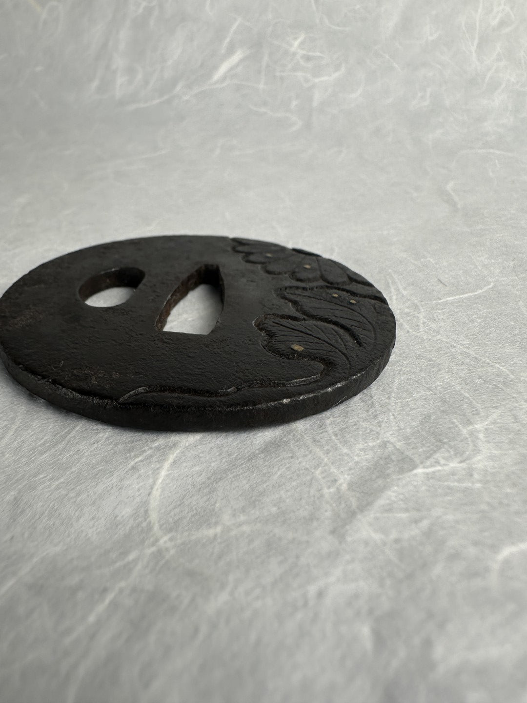 Iron Tsuba with Chrysanthemum and Leaf Carving, Gold Inlay Highlights – TS-054