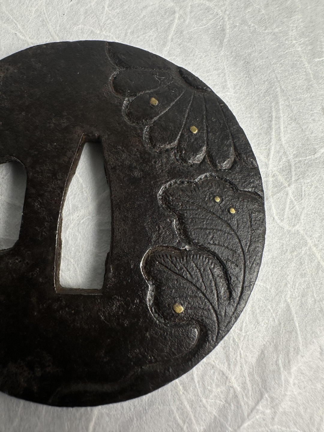 Iron Tsuba with Chrysanthemum and Leaf Carving, Gold Inlay Highlights – TS-054