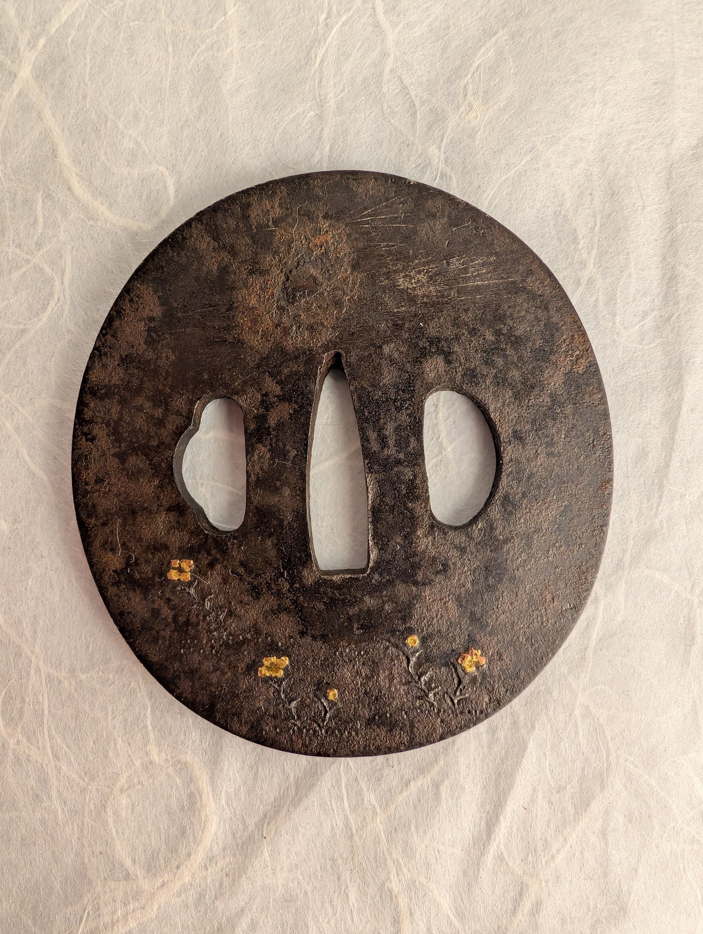Iron Tsuba with Gold Inlaid Flowers – TS-055