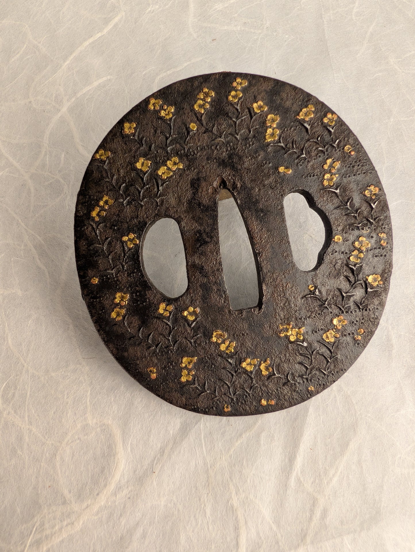 Iron Tsuba with Gold Inlaid Flowers – TS-055