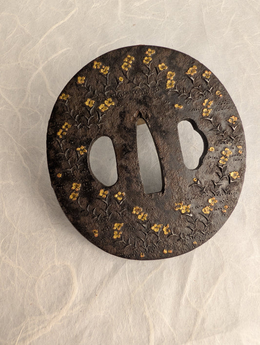 Iron Tsuba with Gold Inlaid Flowers – TS-055
