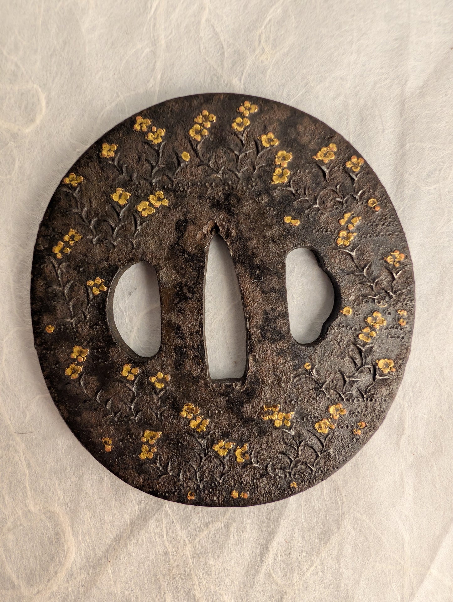 Iron Tsuba with Gold Inlaid Flowers – TS-055