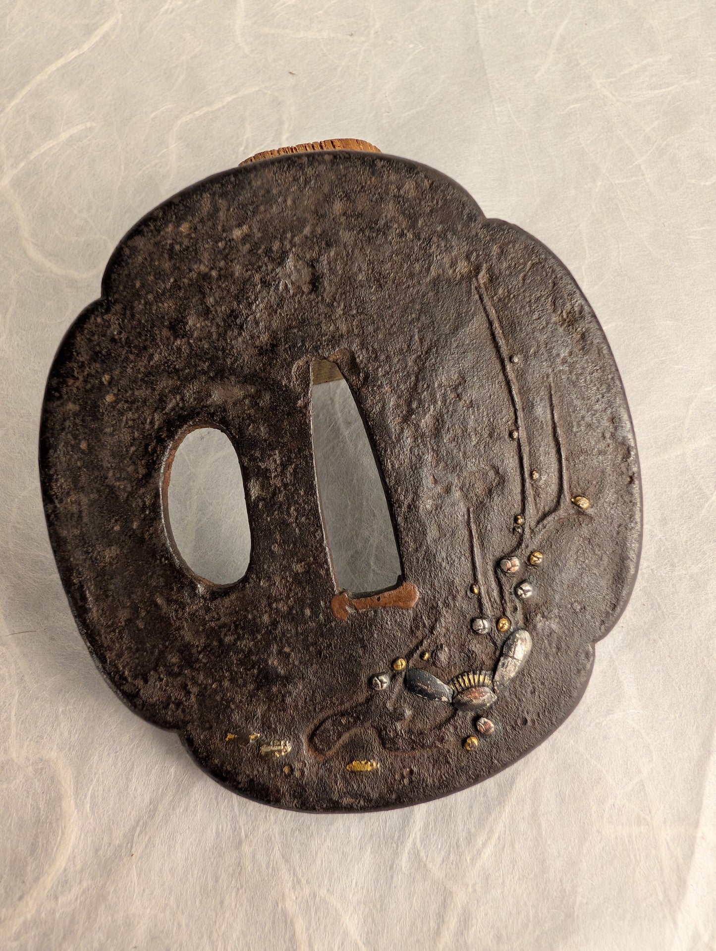 Iron Tsuba with Inlaid Insect and Blossoms – TS-057