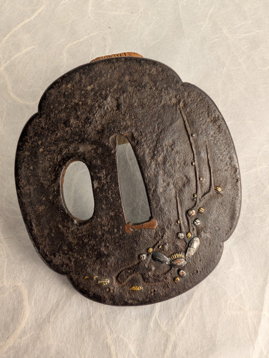 Iron Tsuba with Inlaid Insect and Blossoms – TS-057