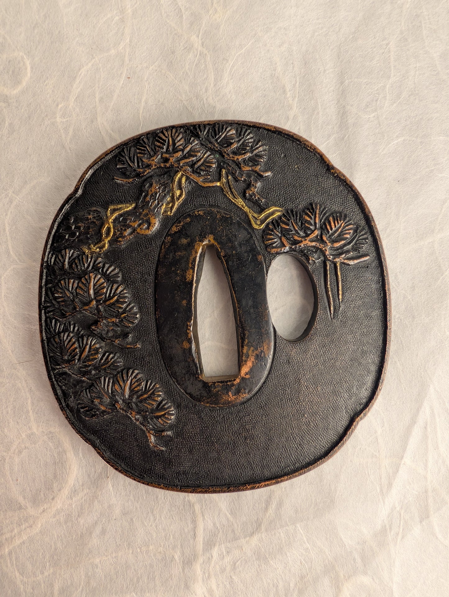 Lacquered Copper Tsuba with Pine Tree and Rock Design – TS-058