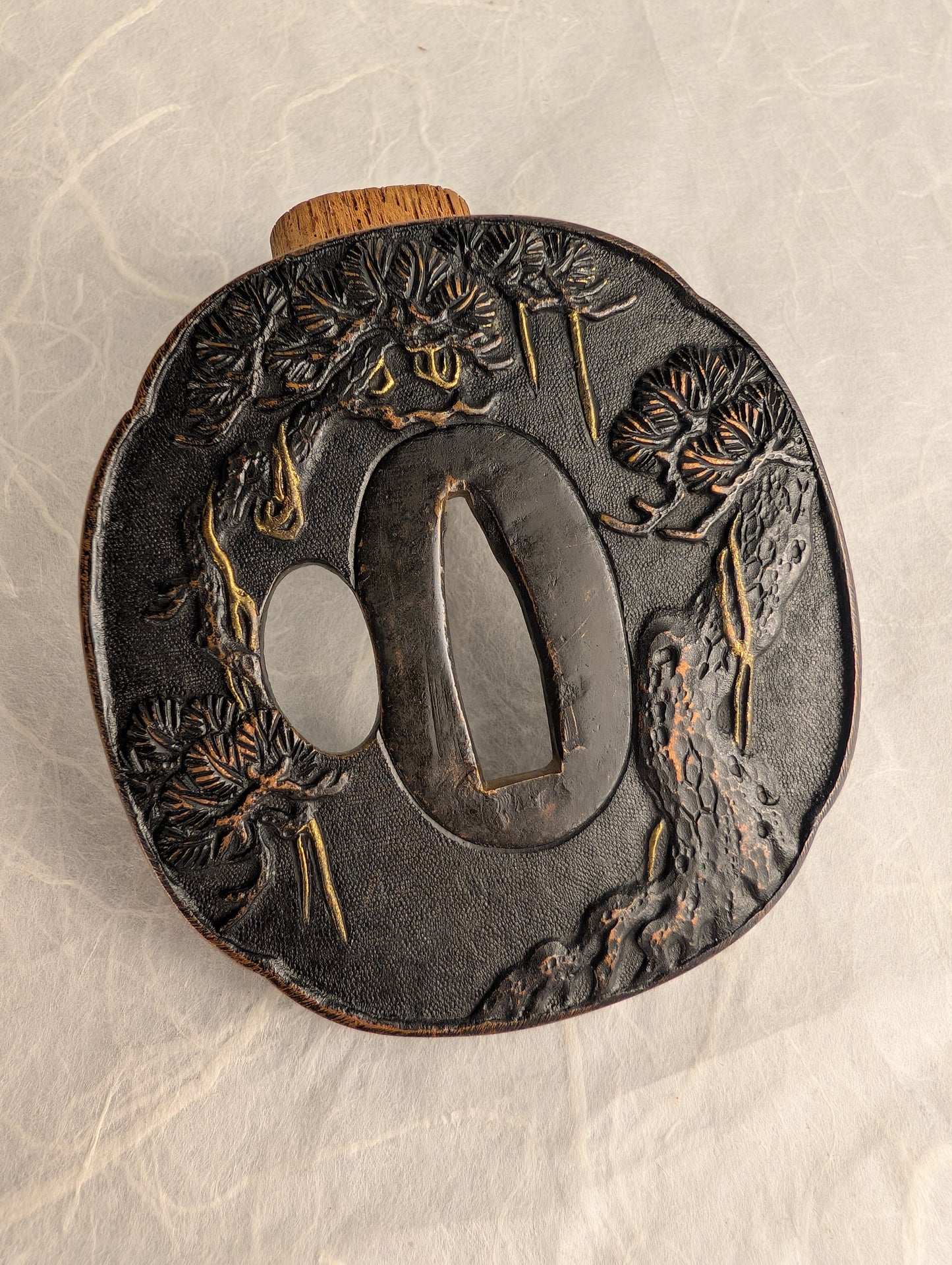 Lacquered Copper Tsuba with Pine Tree and Rock Design – TS-058