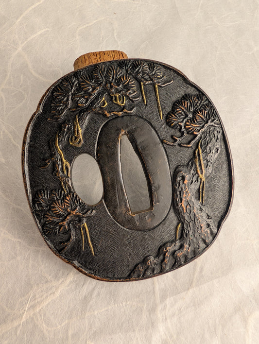 Lacquered Copper Tsuba with Pine Tree and Rock Design – TS-058