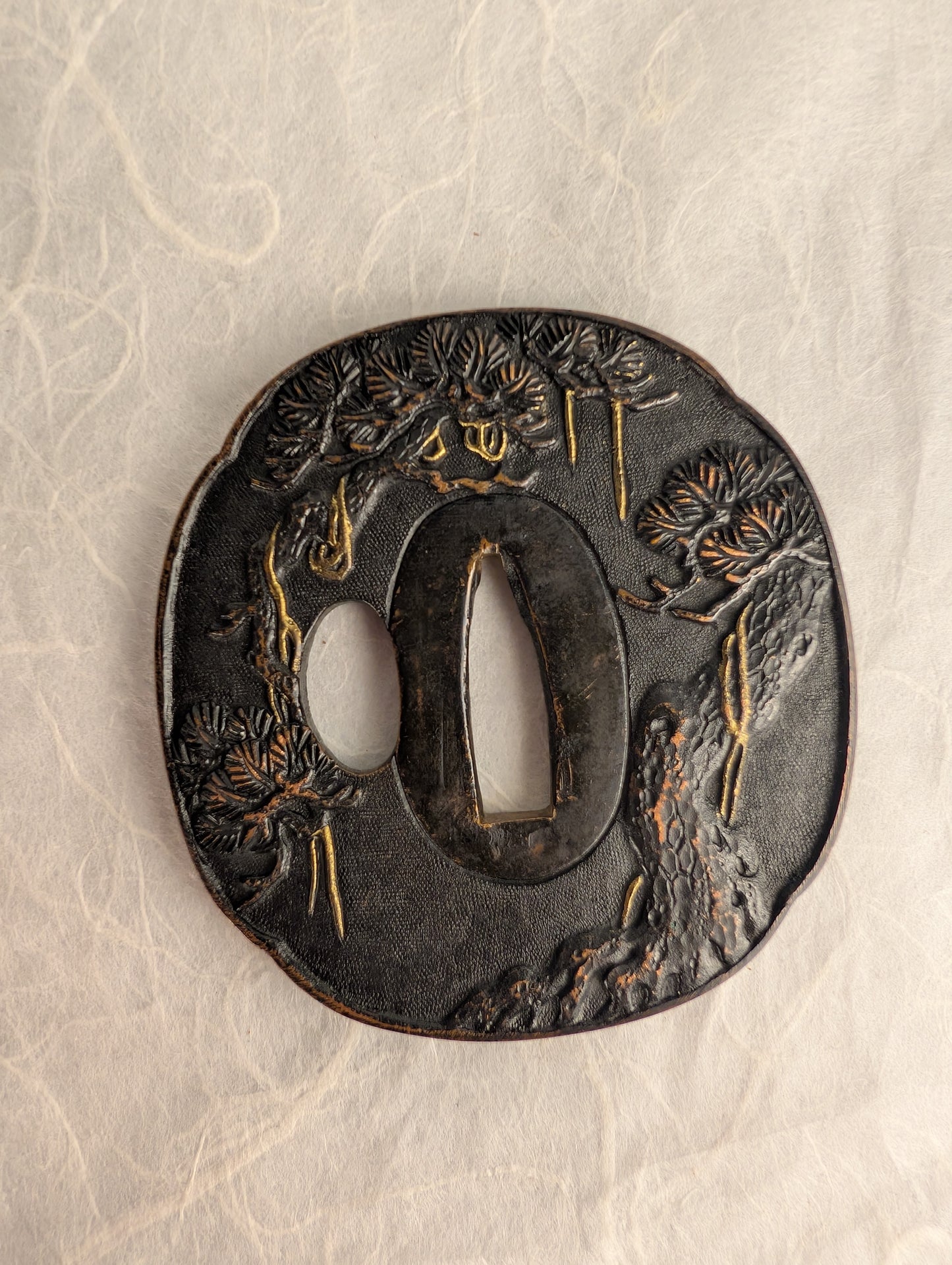 Lacquered Copper Tsuba with Pine Tree and Rock Design – TS-058