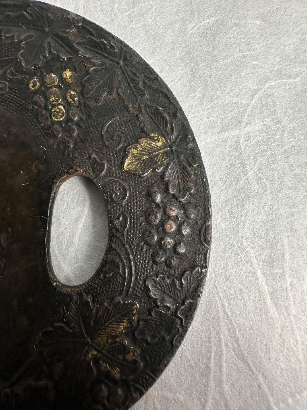 Lacquered Copper Tsuba with Grape and Vine Motif – TS-059