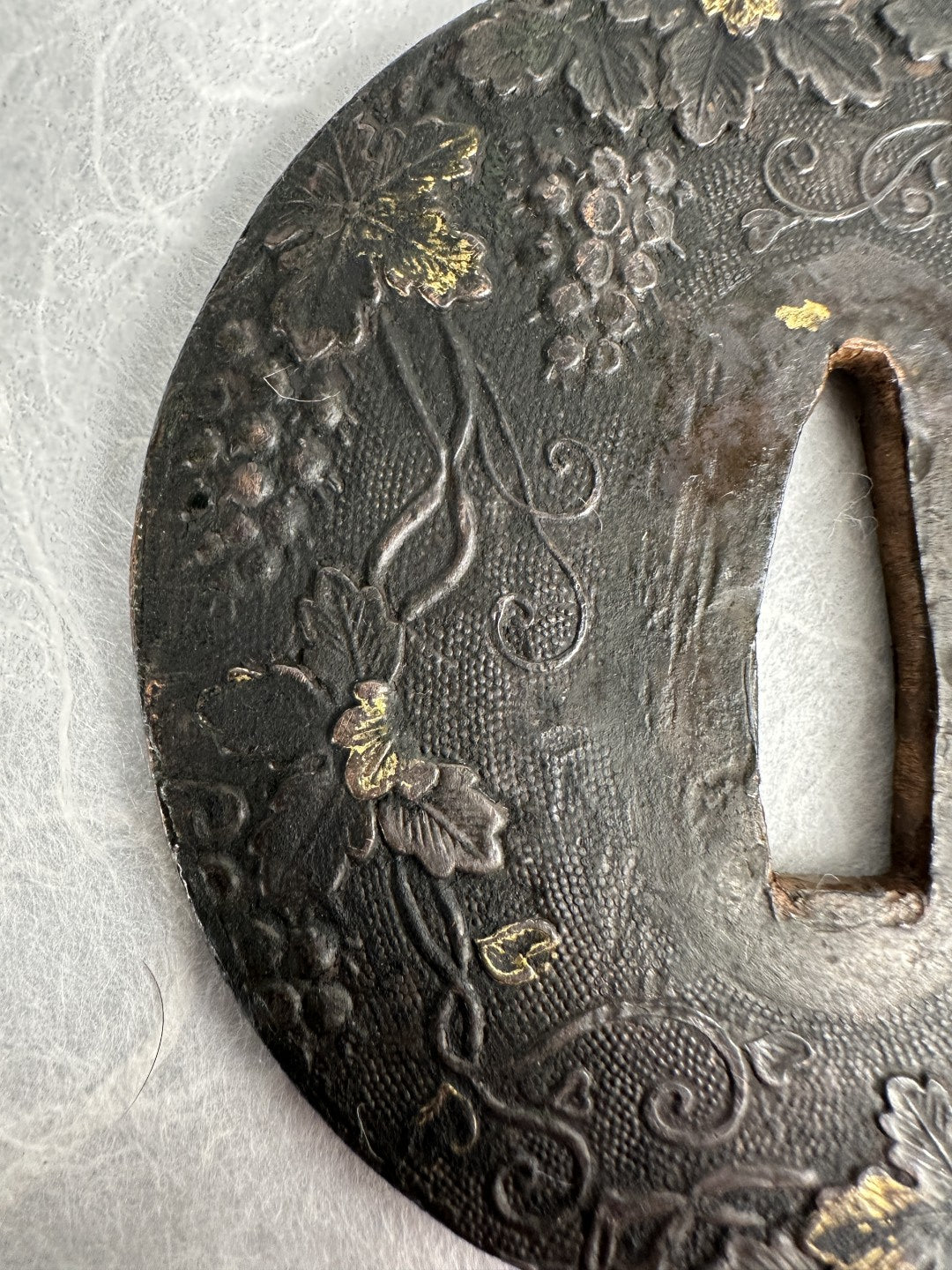 Lacquered Copper Tsuba with Grape and Vine Motif – TS-059