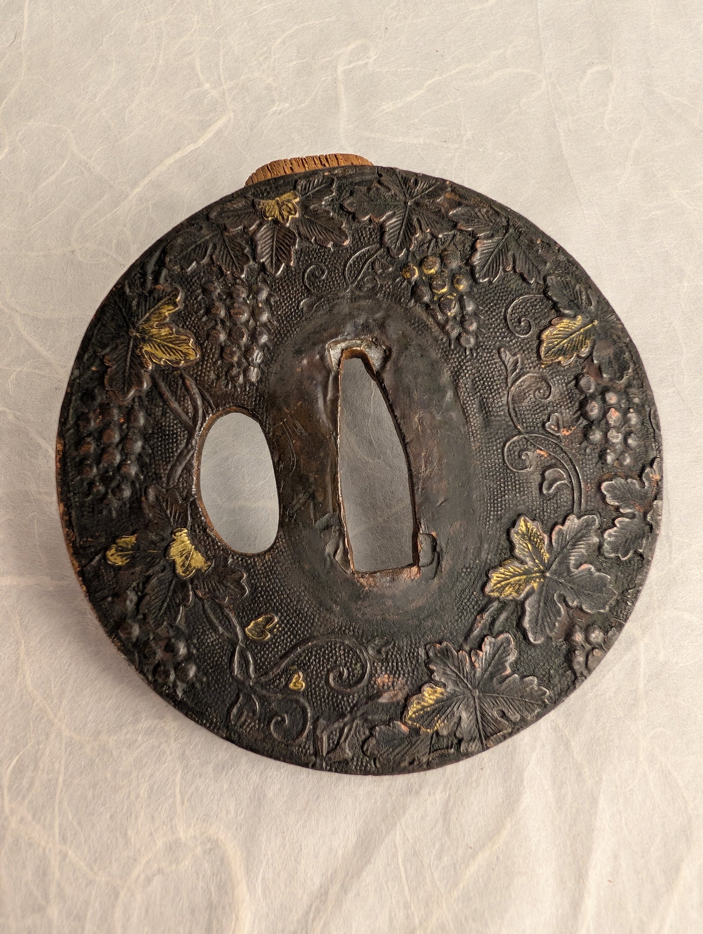 Lacquered Copper Tsuba with Grape and Vine Motif – TS-059
