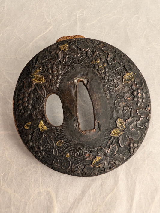 Lacquered Copper Tsuba with Grape and Vine Motif – TS-059