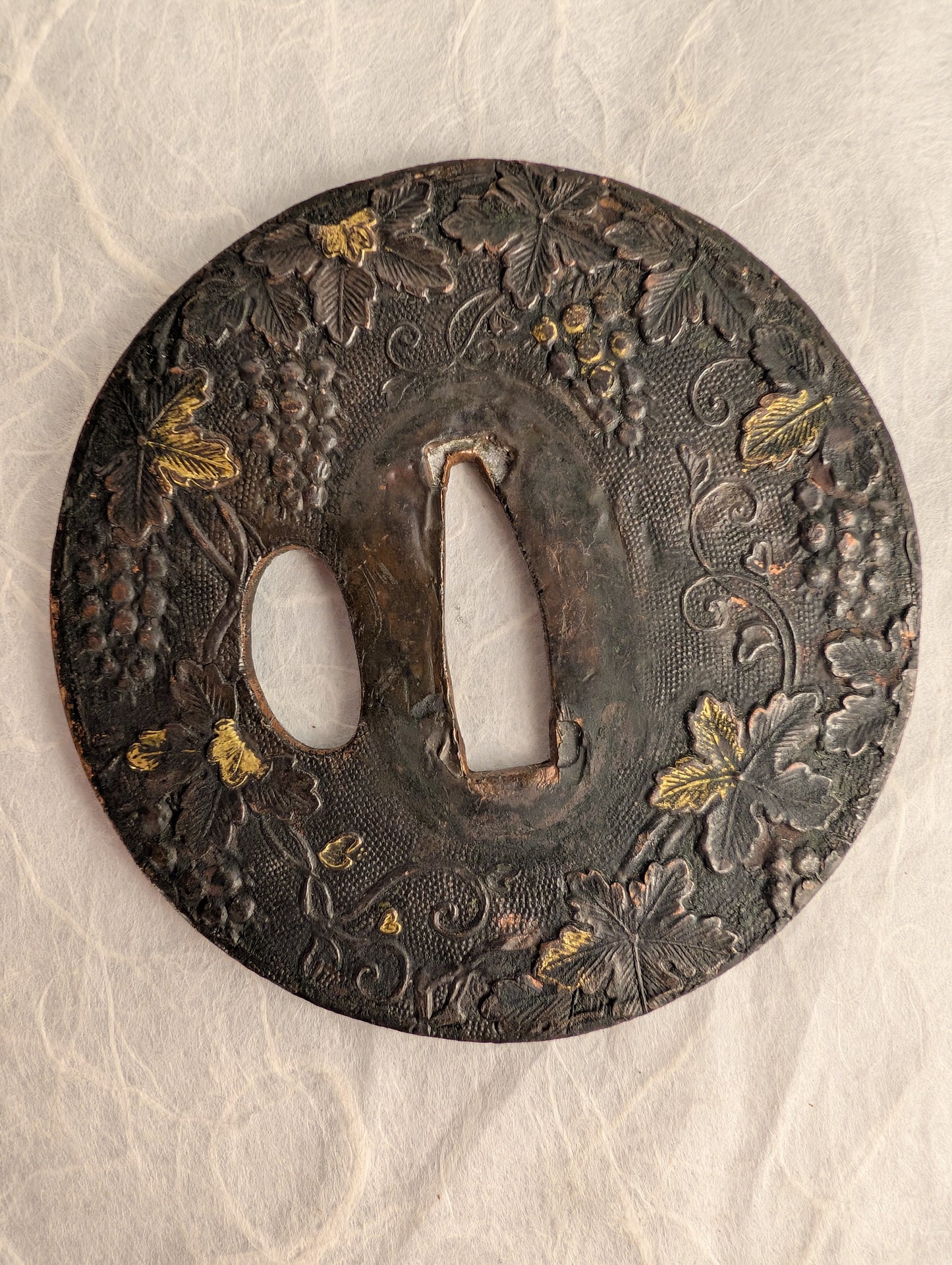 Lacquered Copper Tsuba with Grape and Vine Motif – TS-059