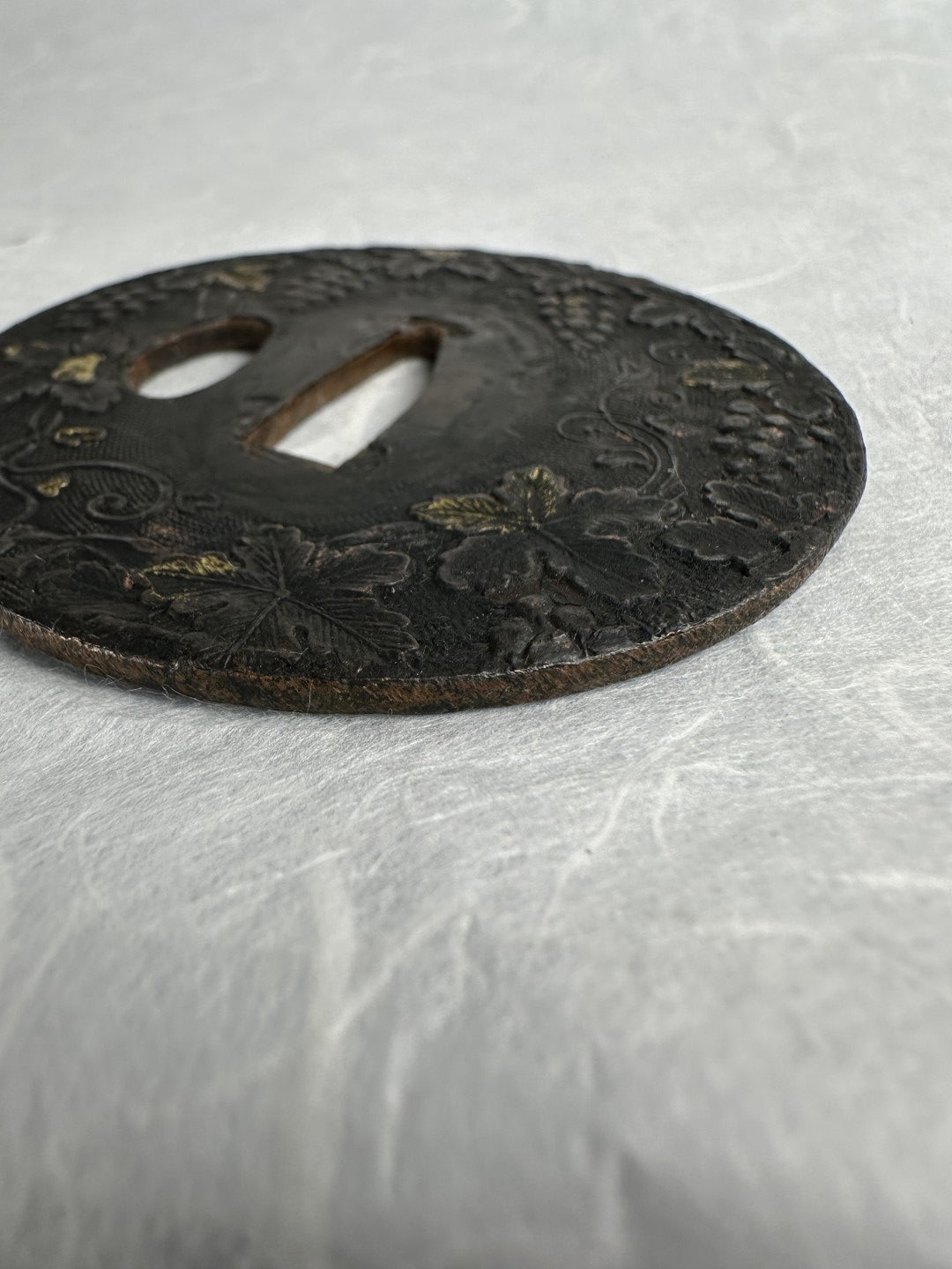 Lacquered Copper Tsuba with Grape and Vine Motif – TS-059