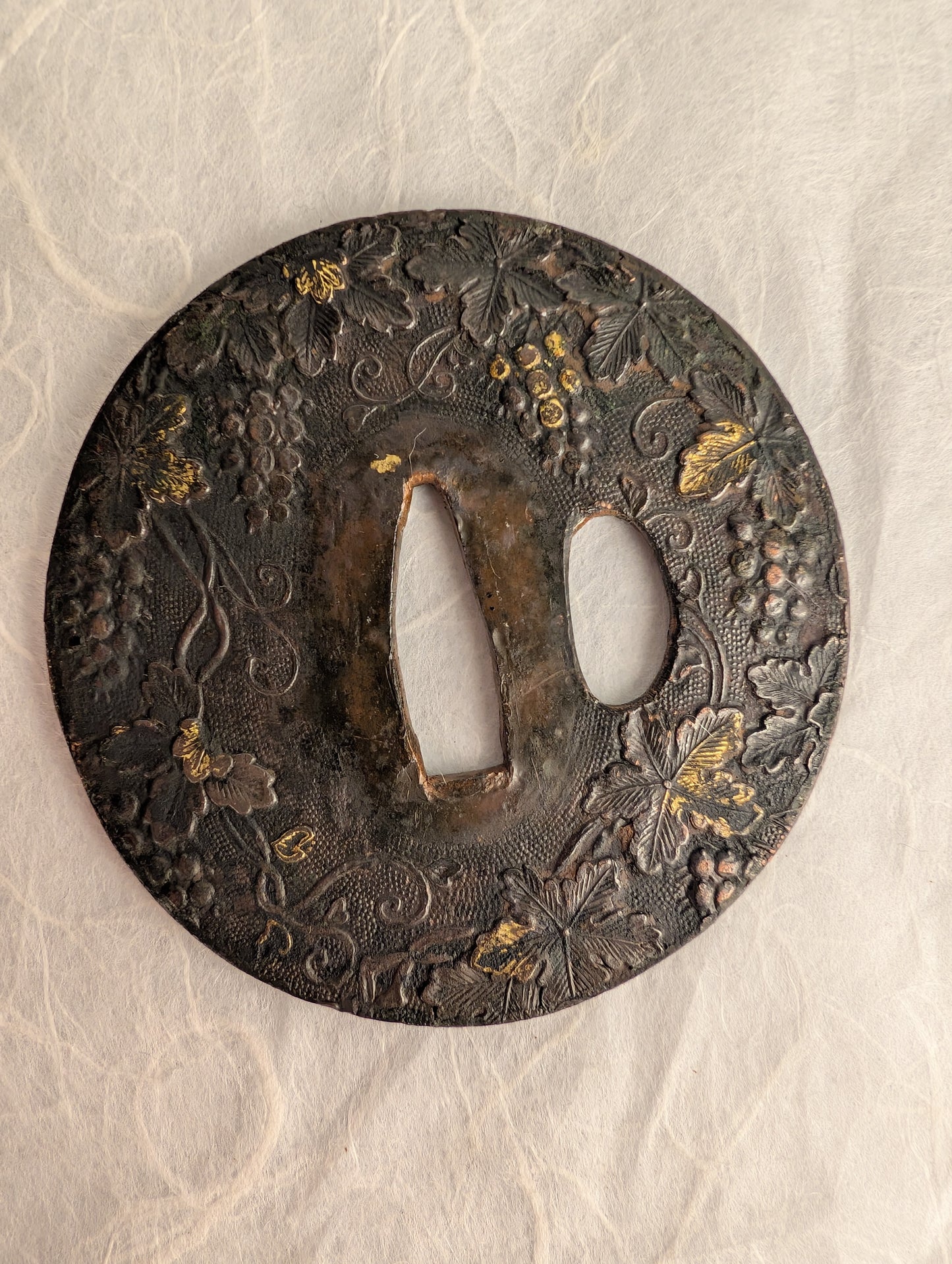 Lacquered Copper Tsuba with Grape and Vine Motif – TS-059