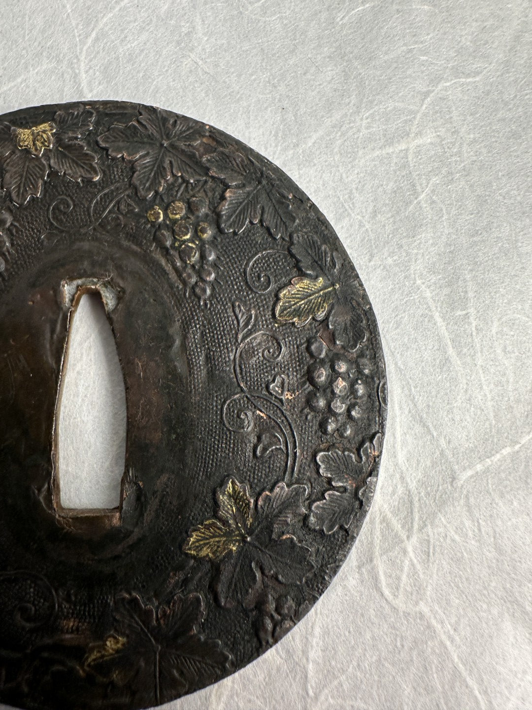 Lacquered Copper Tsuba with Grape and Vine Motif – TS-059