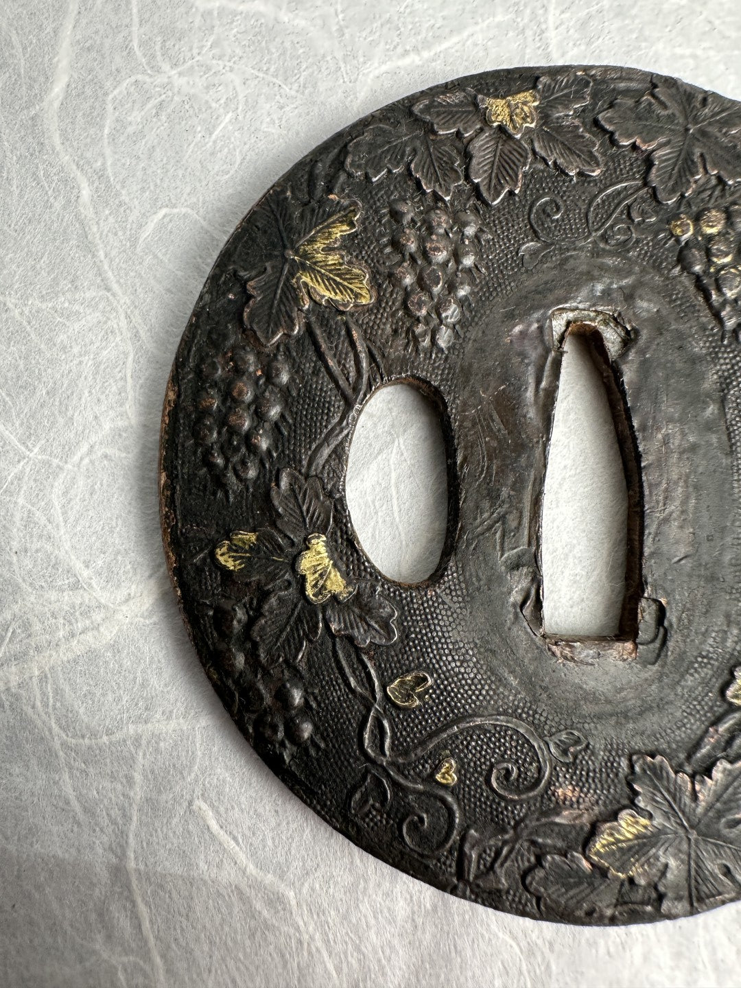 Lacquered Copper Tsuba with Grape and Vine Motif – TS-059