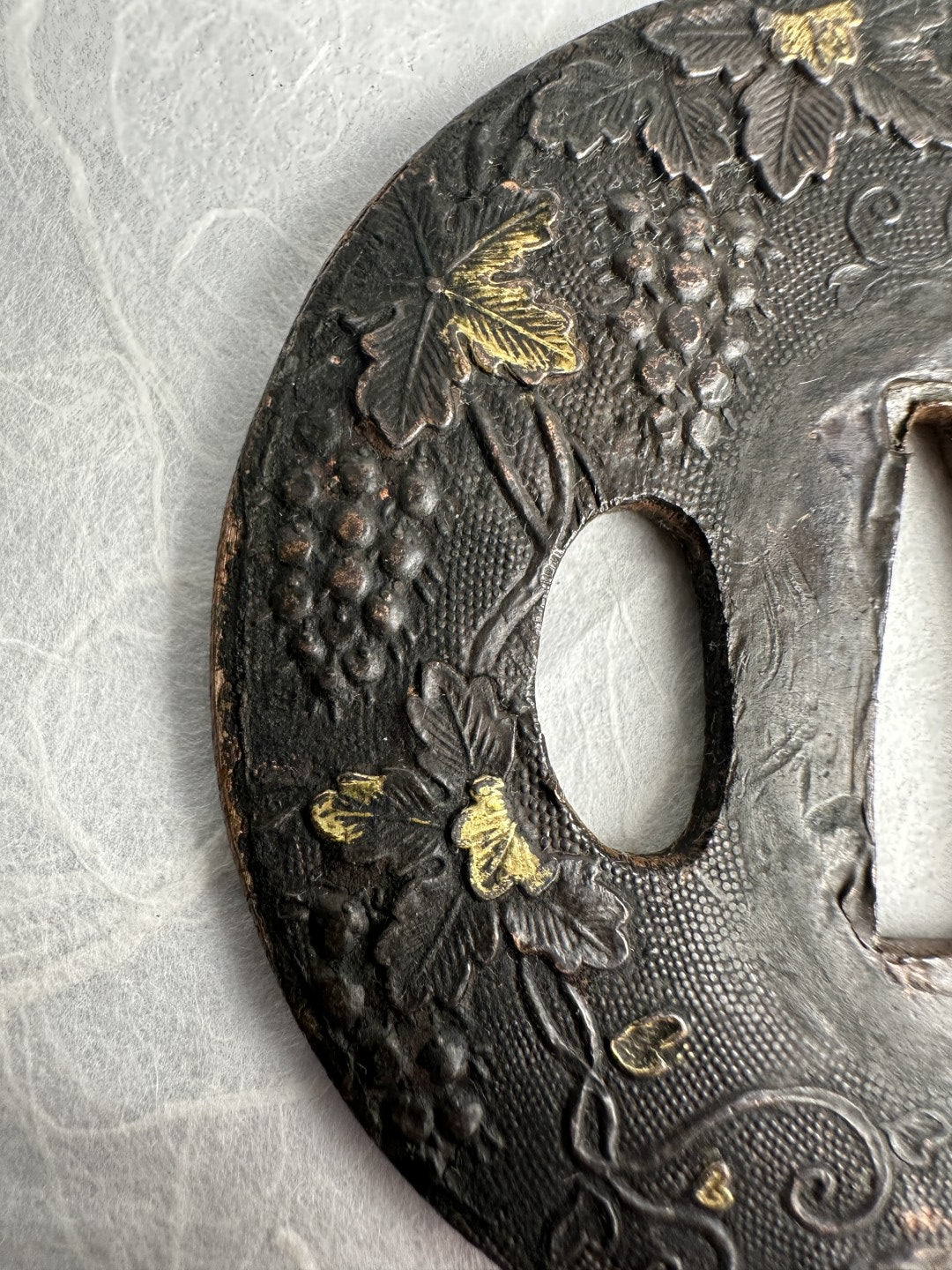 Lacquered Copper Tsuba with Grape and Vine Motif – TS-059