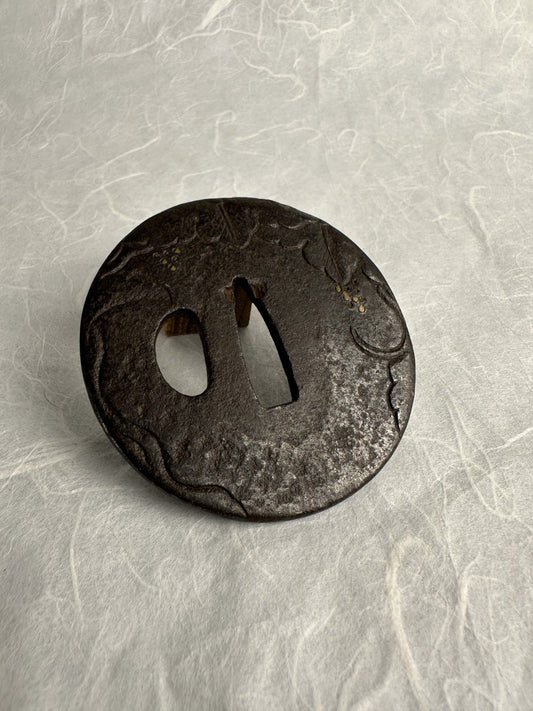 Iron Tsuba with Engraved Vine and Brass Inlay Details – TS-062