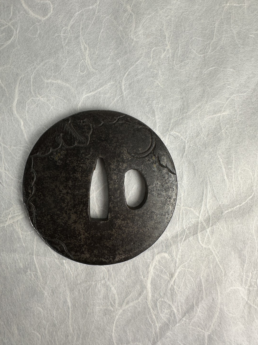 Iron Tsuba with Engraved Vine and Brass Inlay Details – TS-062