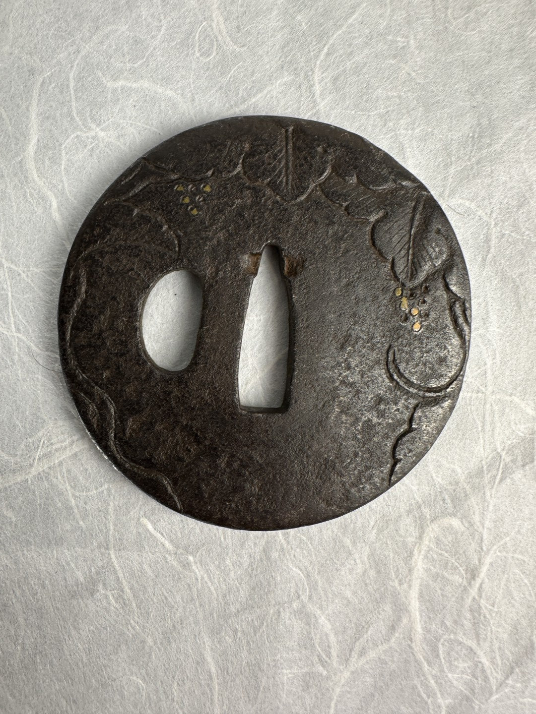 Iron Tsuba with Engraved Vine and Brass Inlay Details – TS-062