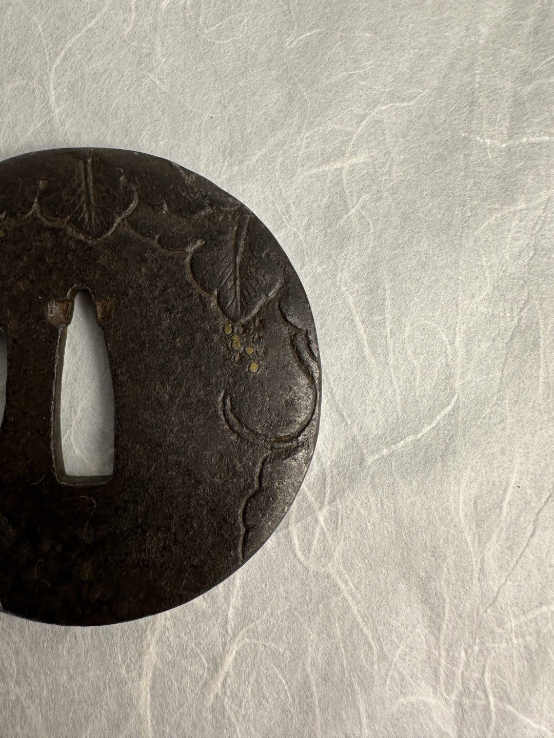 Iron Tsuba with Engraved Vine and Brass Inlay Details – TS-062