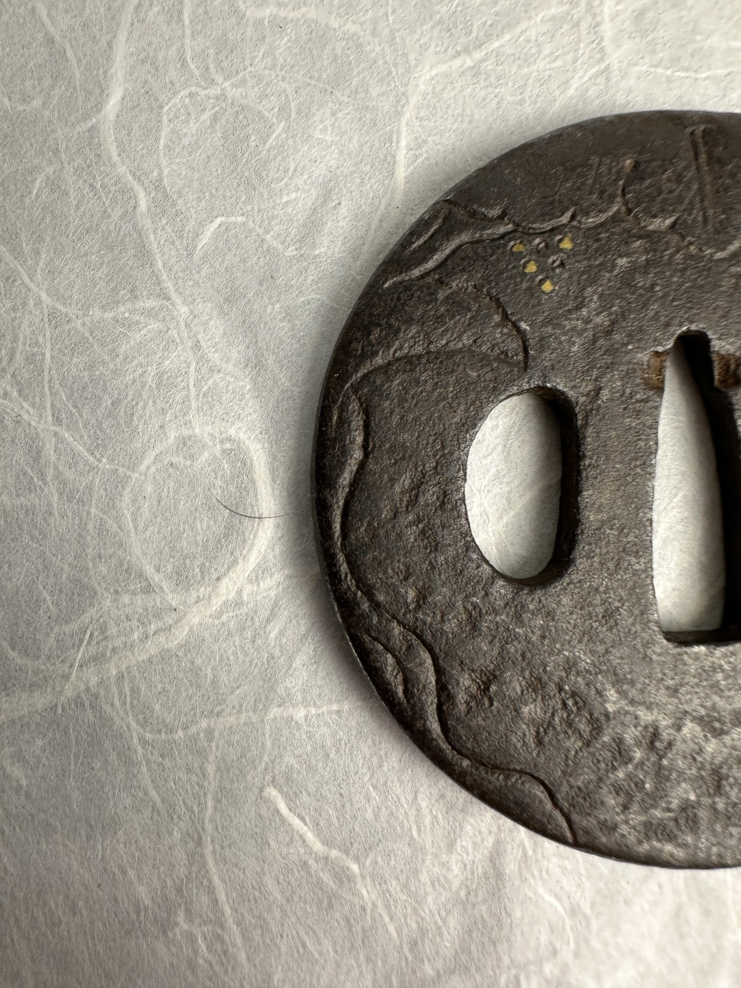 Iron Tsuba with Engraved Vine and Brass Inlay Details – TS-062
