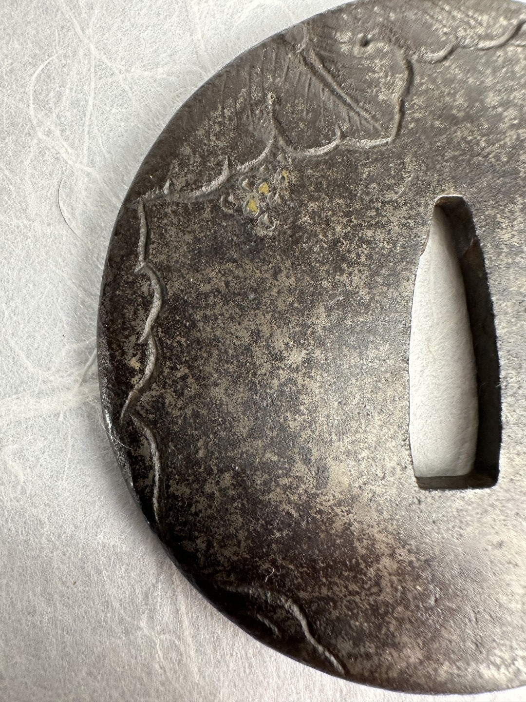 Iron Tsuba with Engraved Vine and Brass Inlay Details – TS-062