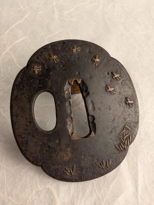 Iron Tsuba with Copper Inlay of Fireflies and Grass Blades – TS-068