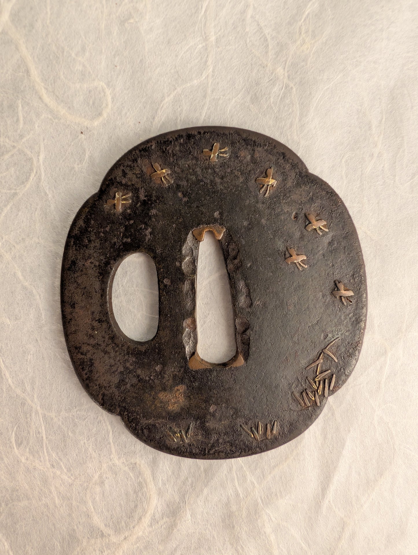 Iron Tsuba with Copper Inlay of Fireflies and Grass Blades – TS-068