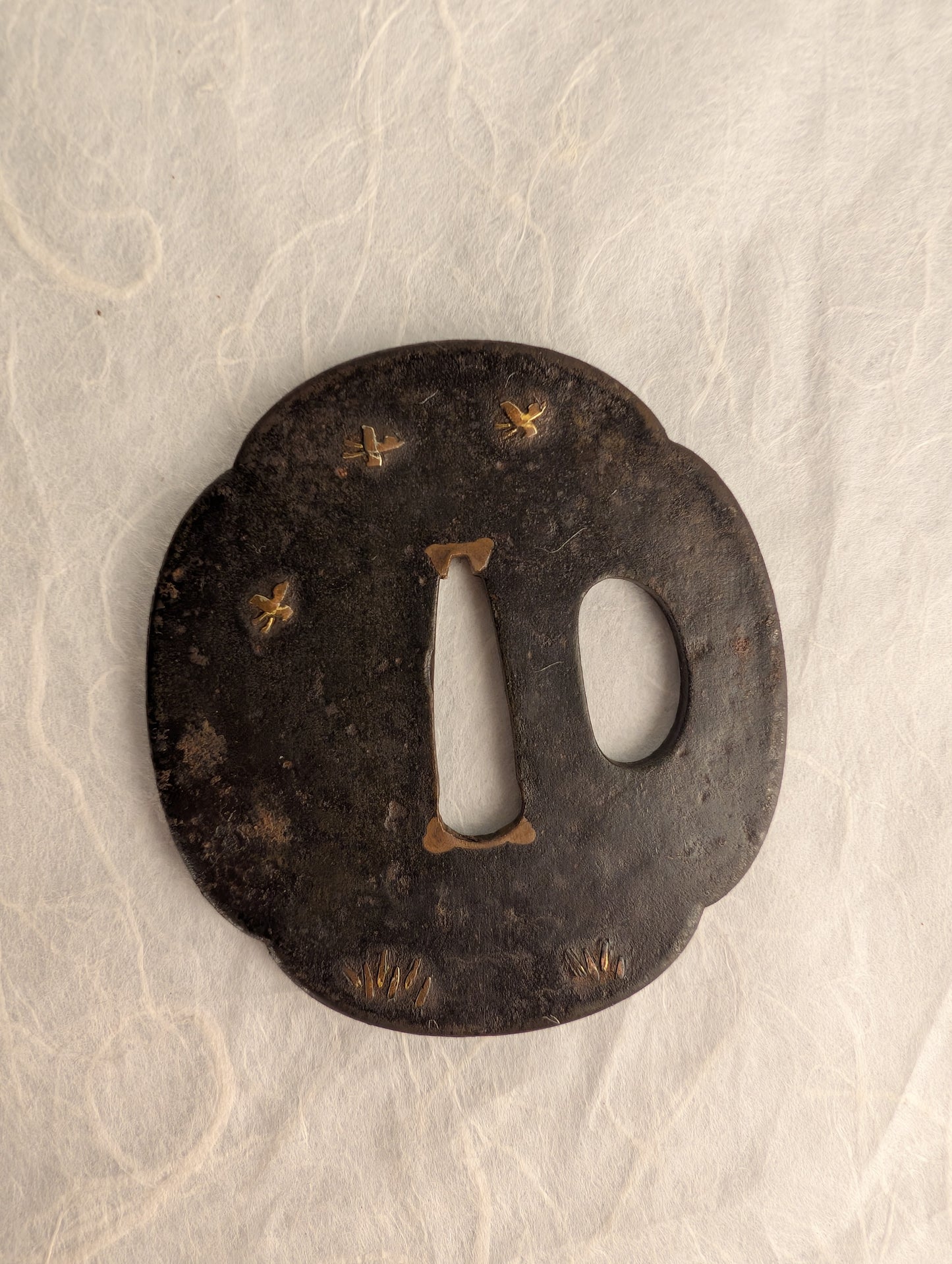 Iron Tsuba with Copper Inlay of Fireflies and Grass Blades – TS-068