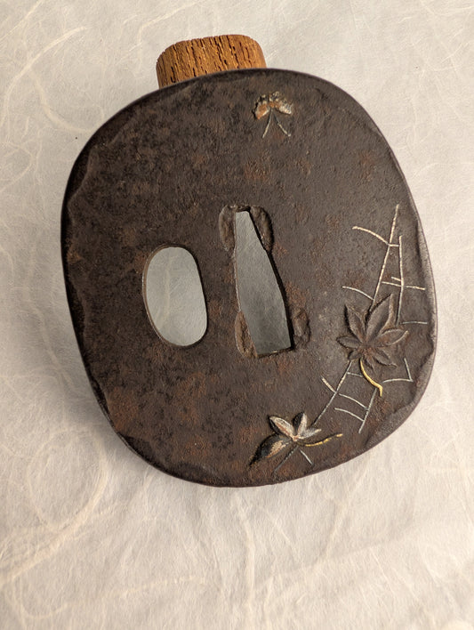 Iron Tsuba with Maple Leaves and Butterflies in a Spiderweb – TS-069