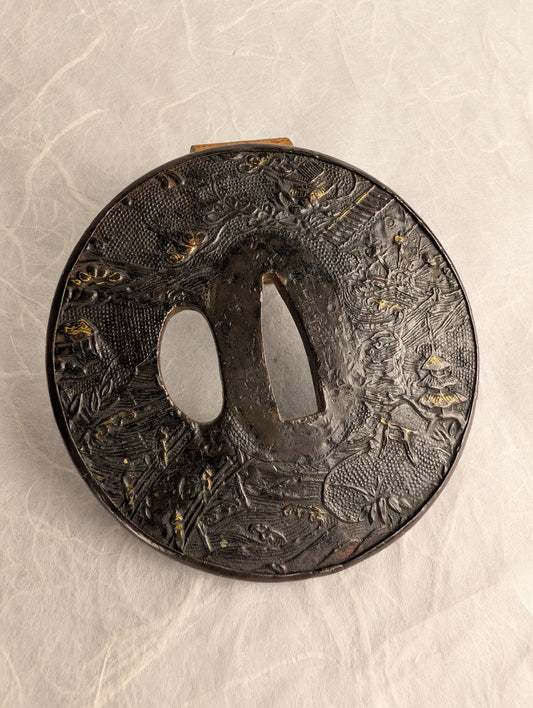 Iron Tsuba with Sprawling Temple Scene – TS-070