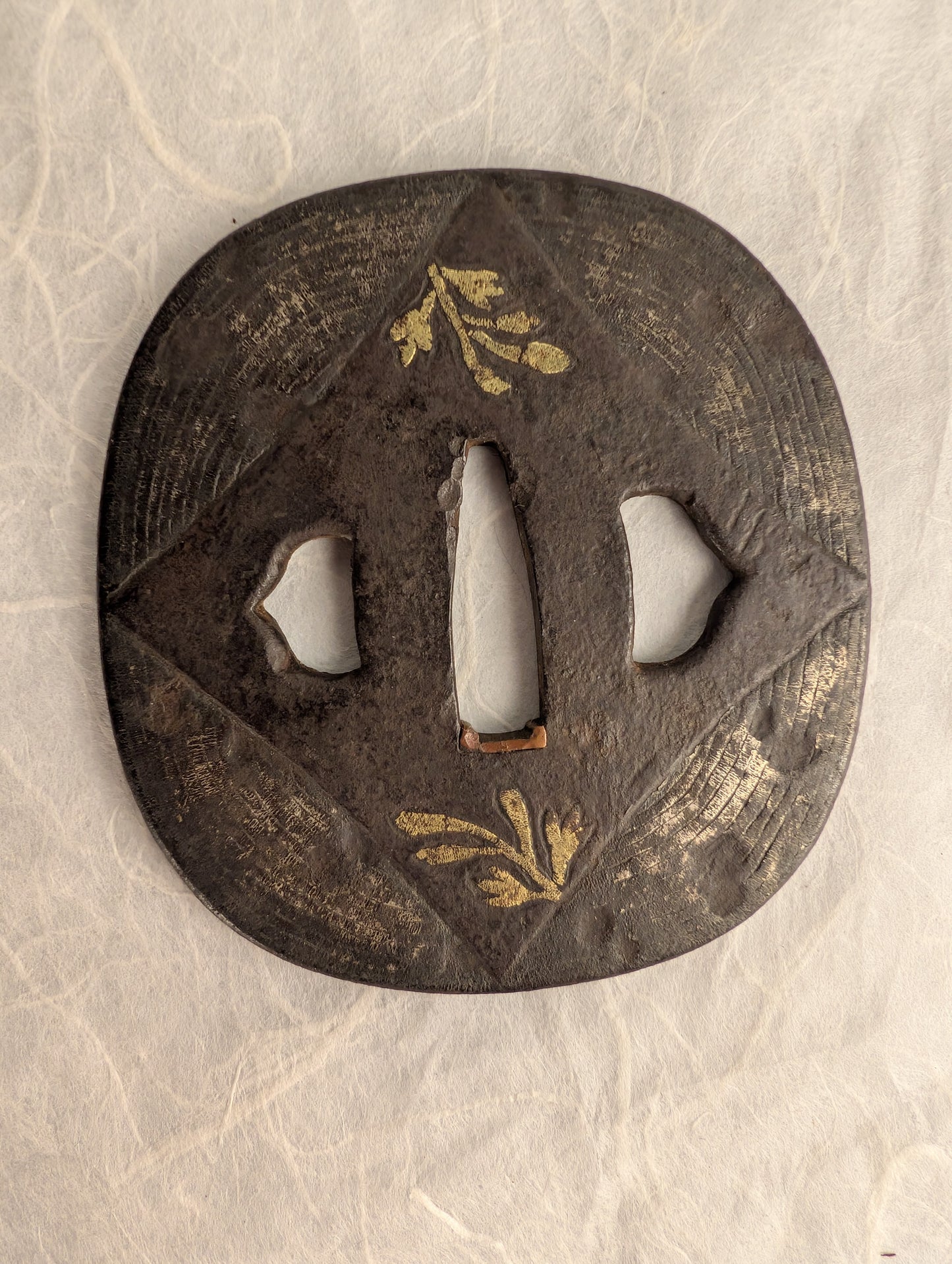 Iron kaku-maru Tsuba with Gilt Floral Motif – TS-072