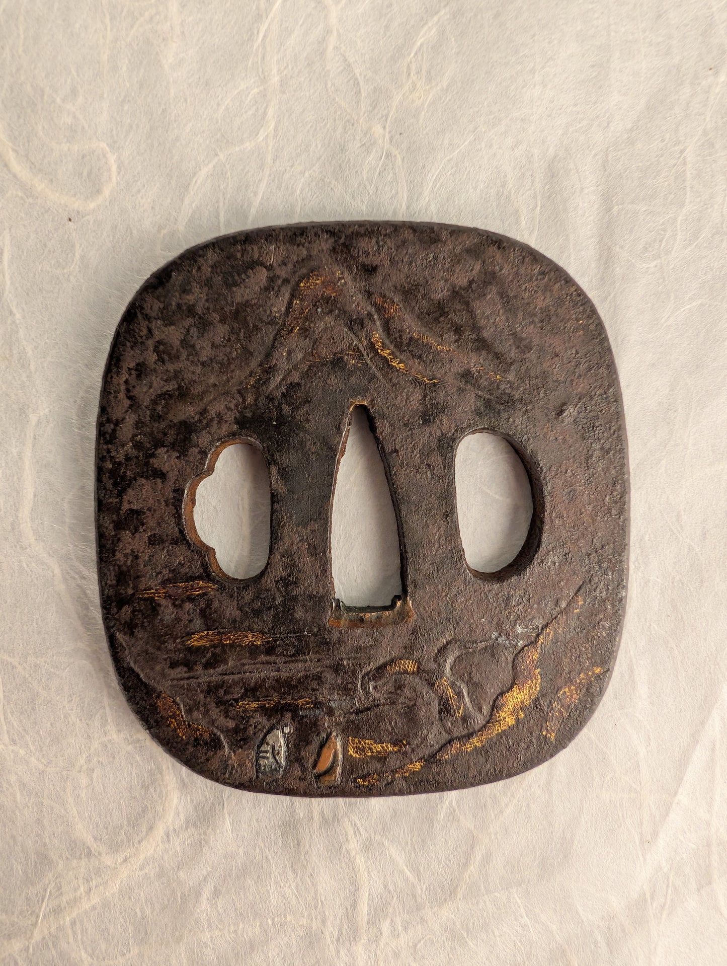 Iron Kaku-maru Tsuba with Inlaid Praying Figures in Nunome-gold Mountains– TS-073