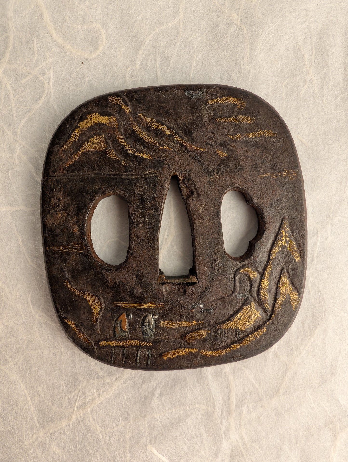 Iron Kaku-maru Tsuba with Inlaid Praying Figures in Nunome-gold Mountains– TS-073