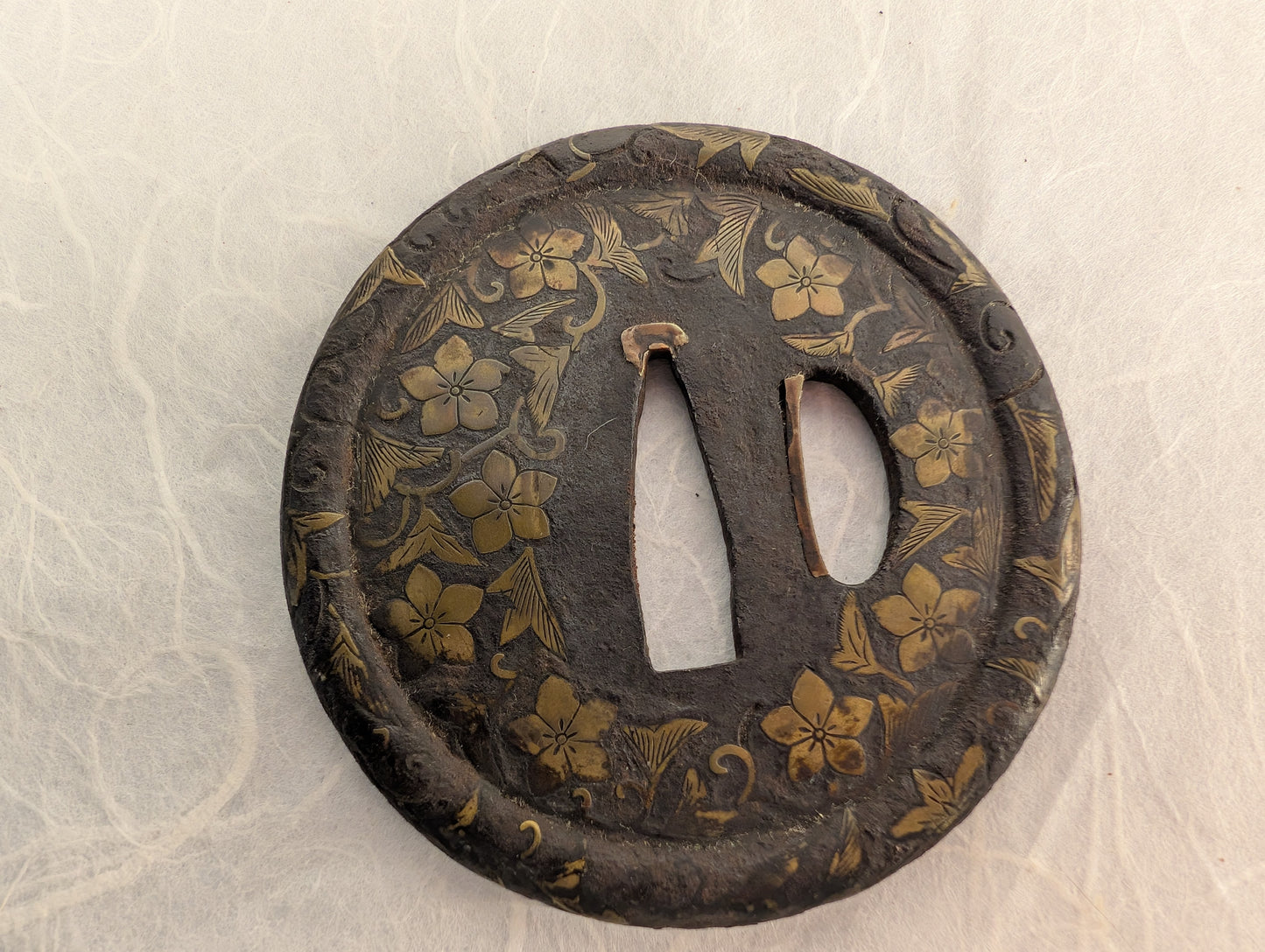 Iron Tsuba with Brass Inlay of Cherry Blossoms – TS-100