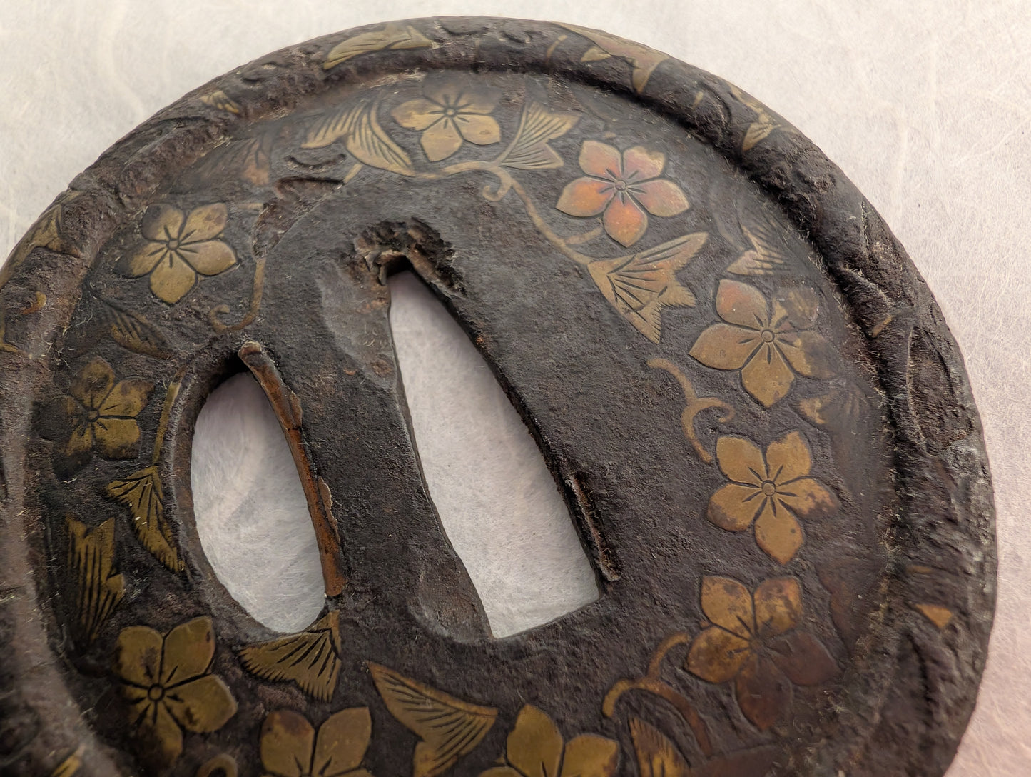 Iron Tsuba with Brass Inlay of Cherry Blossoms – TS-100