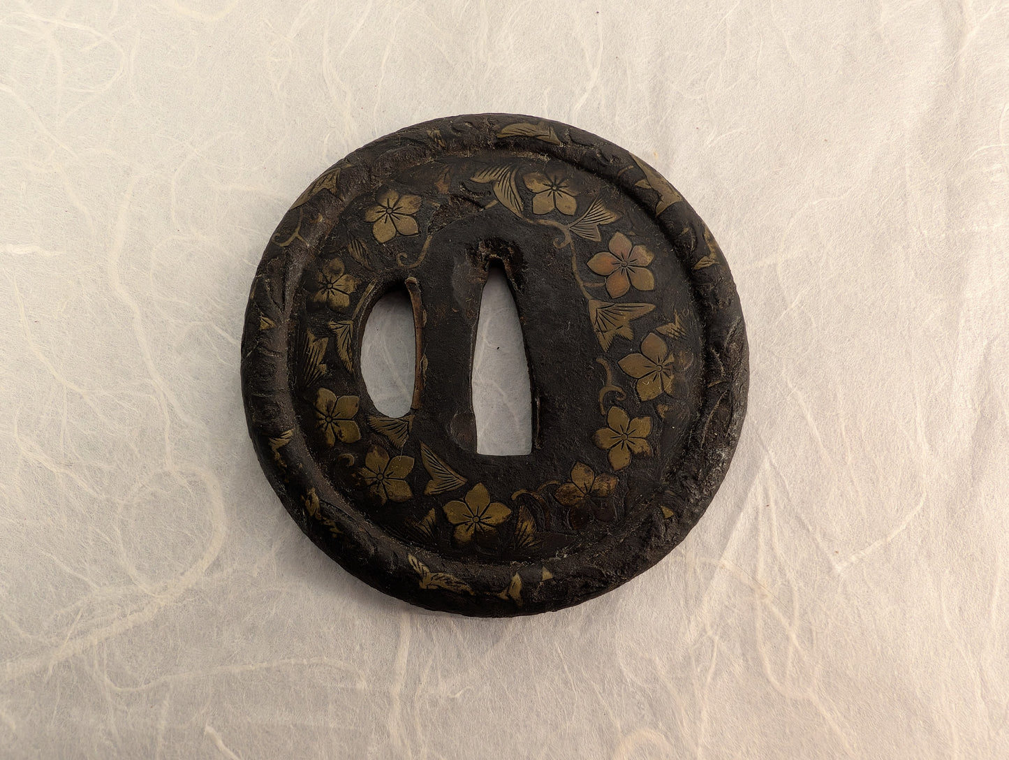 Iron Tsuba with Brass Inlay of Cherry Blossoms – TS-100