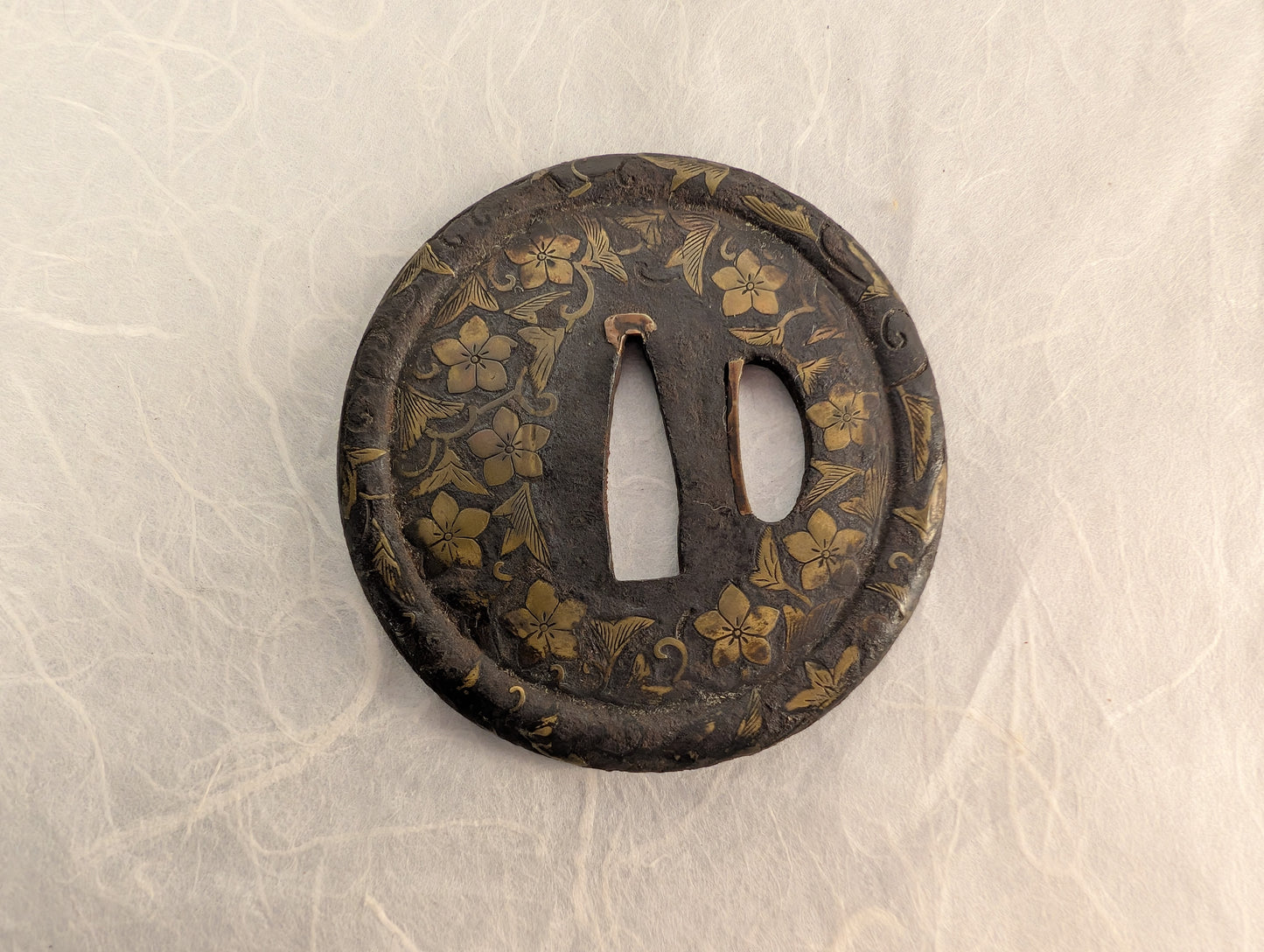 Iron Tsuba with Brass Inlay of Cherry Blossoms – TS-100