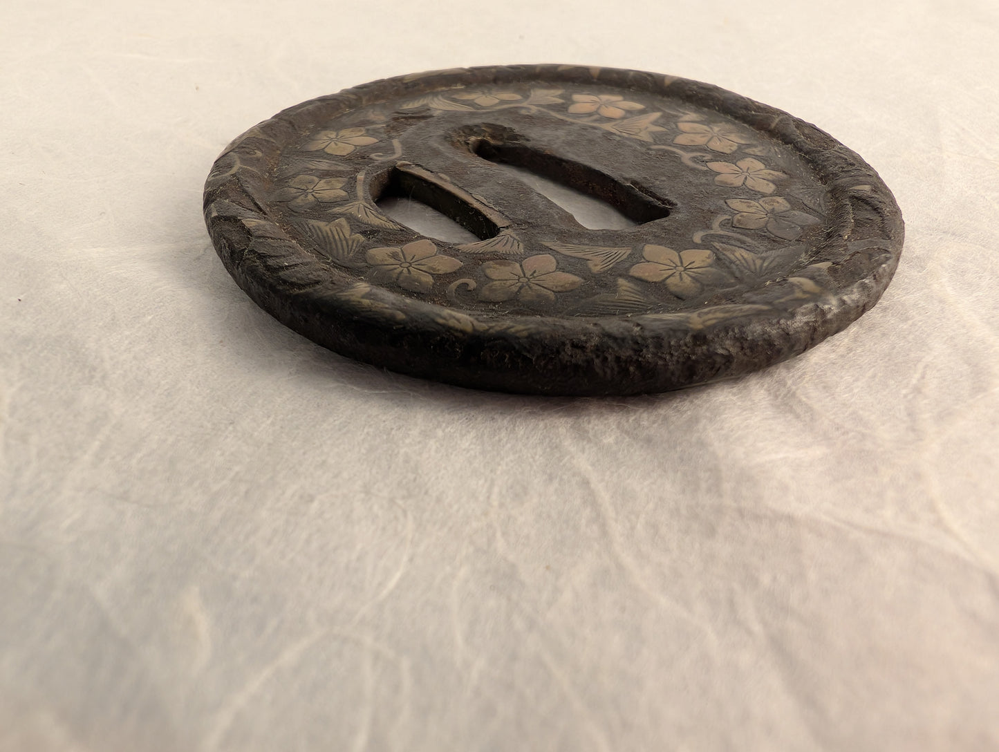 Iron Tsuba with Brass Inlay of Cherry Blossoms – TS-100