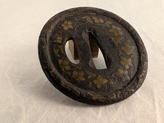 Iron Tsuba with Brass Inlay of Cherry Blossoms – TS-100