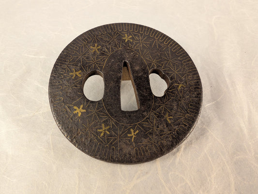 Antique Iron tsuba with Geometric Gilding and Wire Inlay – TS-117