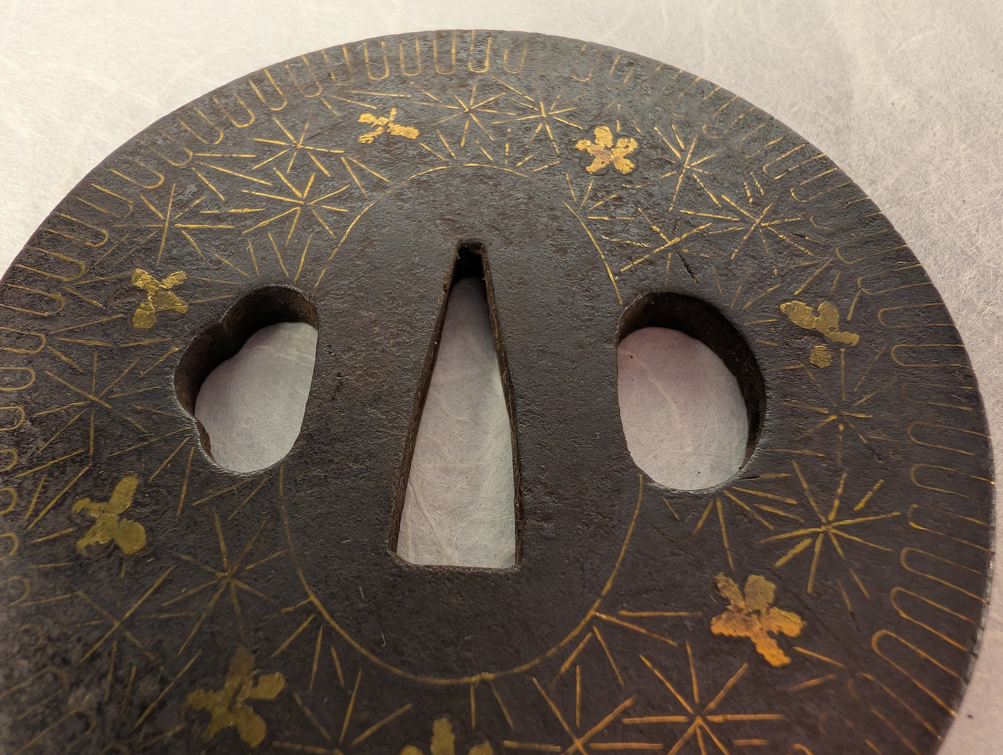 Antique Iron tsuba with Geometric Gilding and Wire Inlay – TS-117