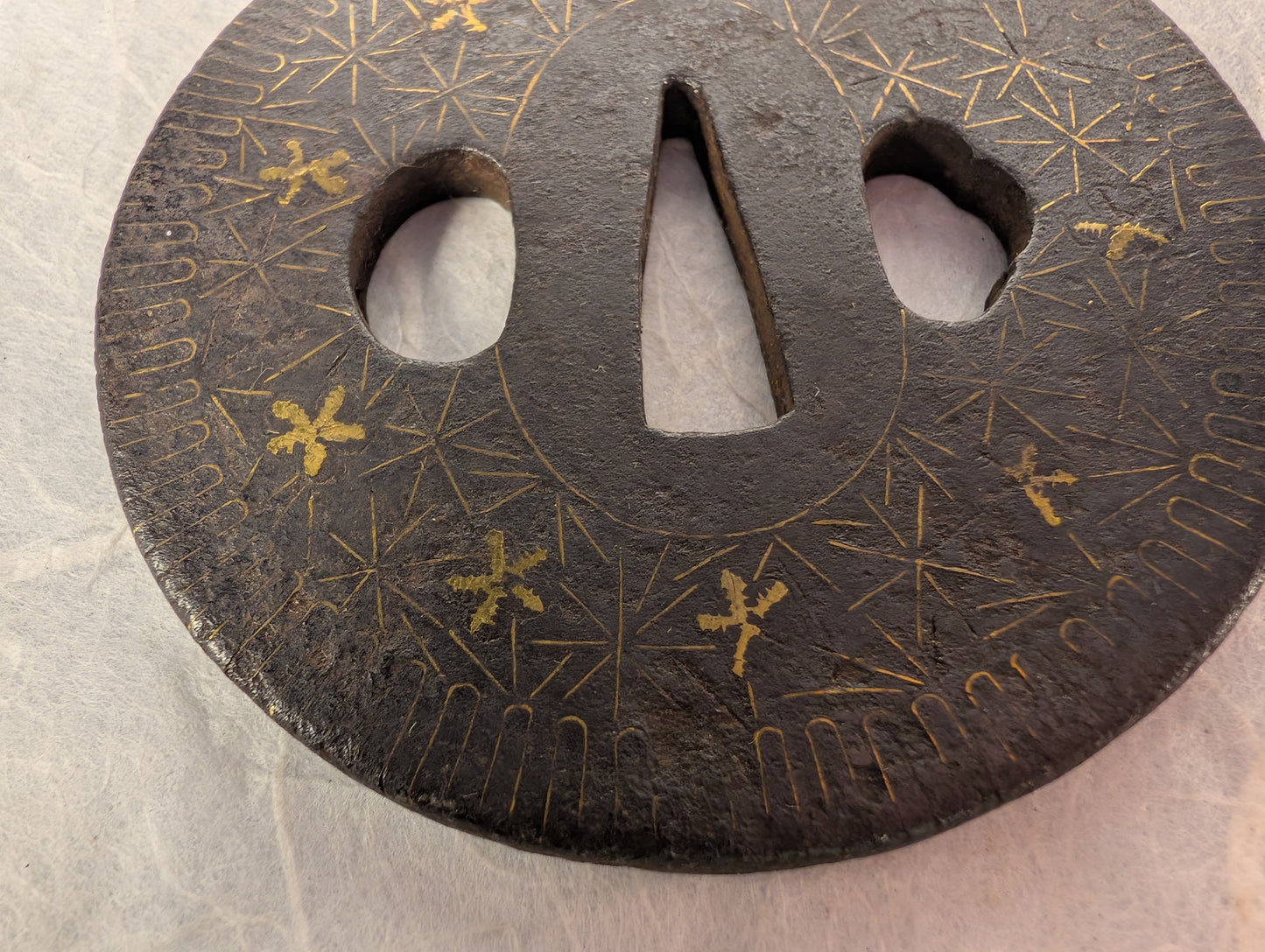 Antique Iron tsuba with Geometric Gilding and Wire Inlay – TS-117