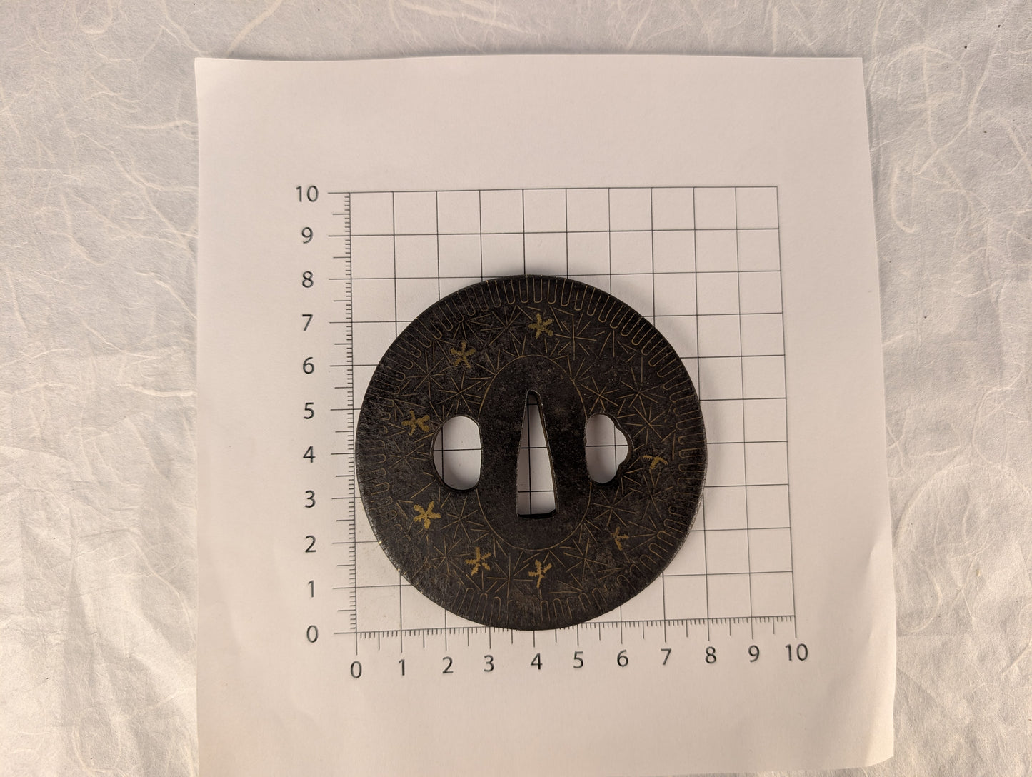 Antique Iron tsuba with Geometric Gilding and Wire Inlay – TS-117